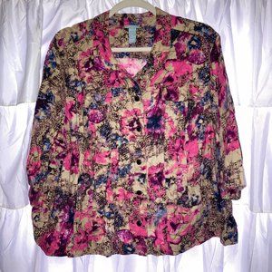 Liz & Me Button Up Bright Tan/Pink/Blue Floral Jacket Half Sleeve Sz 5X34/36W